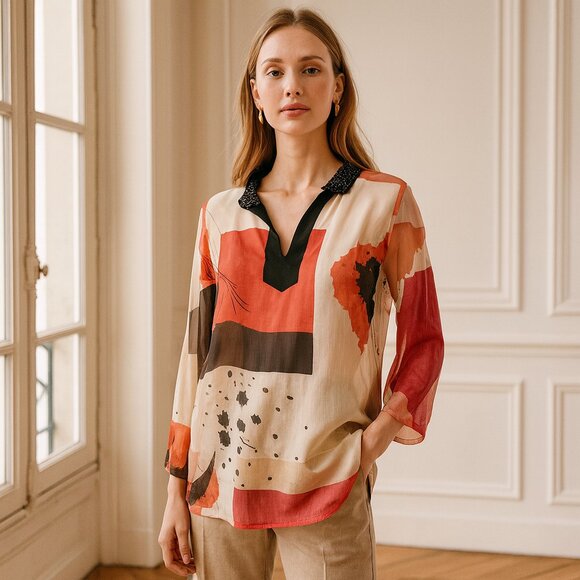 Magaschoni Collection Silk blouse Tunic Beaded Collar Double layer Chiffon - Picture 1 of 14